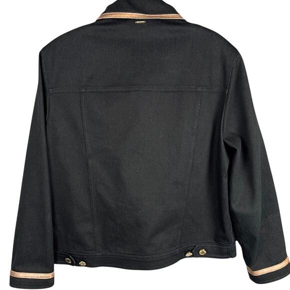 Vintage St. John Black Denim Jacket Leather Trim Signature Gold Buttons Designer - Picture 2 of 12